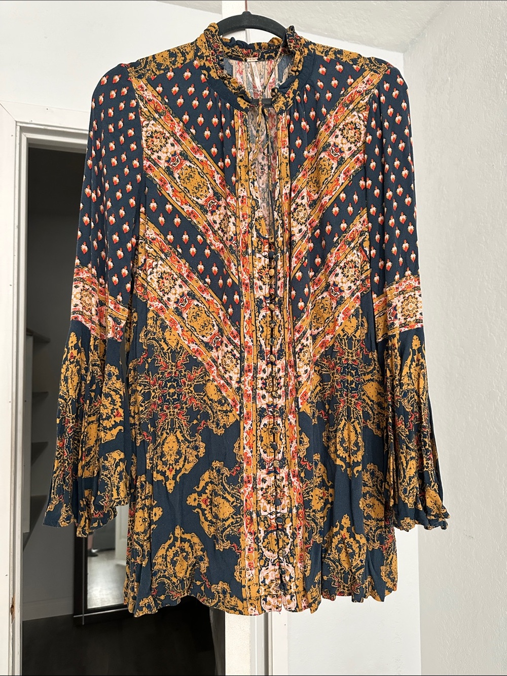 Free People Navy and Mustard Paisley Boho Blouse